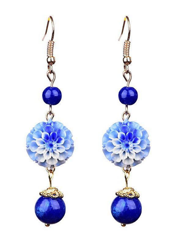 Stylish Blue Jade Floral Tassel Silver Drop Earrings HE1023