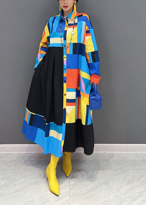 Stylish Blue Oversized Patchwork Exra Large Hem Cotton Shirt Dress Spring LY1661