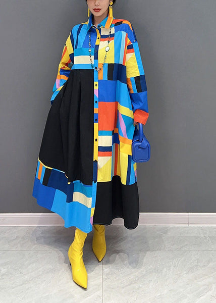 Stylish Blue Oversized Patchwork Exra Large Hem Cotton Shirt Dress Spring LY1661