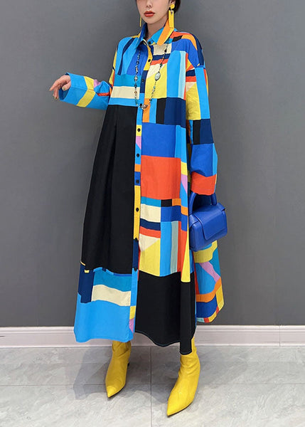 Stylish Blue Oversized Patchwork Exra Large Hem Cotton Shirt Dress Spring LY1661