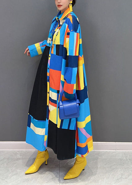 Stylish Blue Oversized Patchwork Exra Large Hem Cotton Shirt Dress Spring LY1661