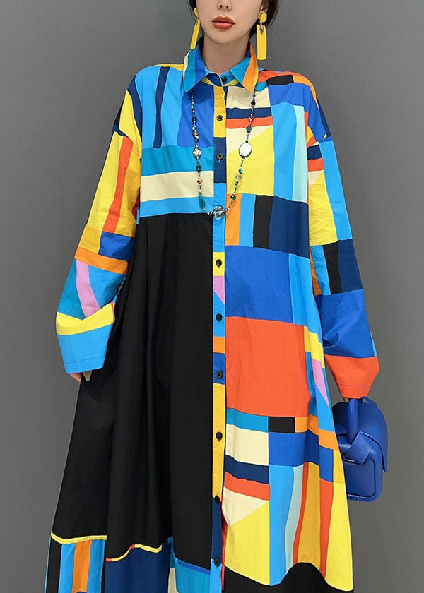 Stylish Blue Oversized Patchwork Exra Large Hem Cotton Shirt Dress Spring LY1661