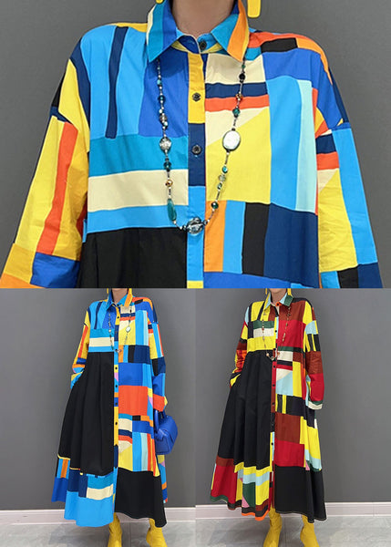 Stylish Blue Oversized Patchwork Exra Large Hem Cotton Shirt Dress Spring LY1661