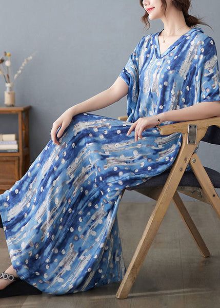 Stylish Blue Oversized Print Linen Holiday Dress Summer LY0890