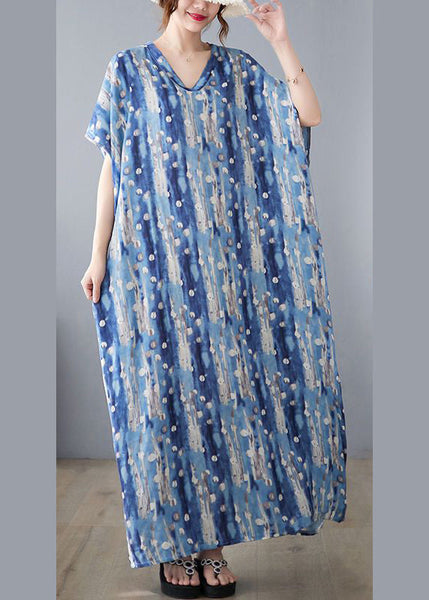 Stylish Blue Oversized Print Linen Holiday Dress Summer LY0890