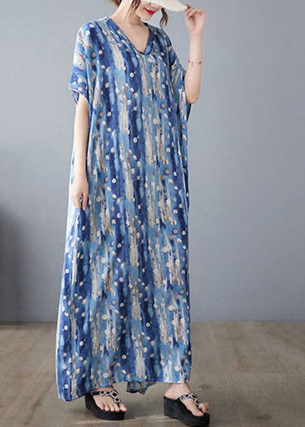 Stylish Blue Oversized Print Linen Holiday Dress Summer LY0890