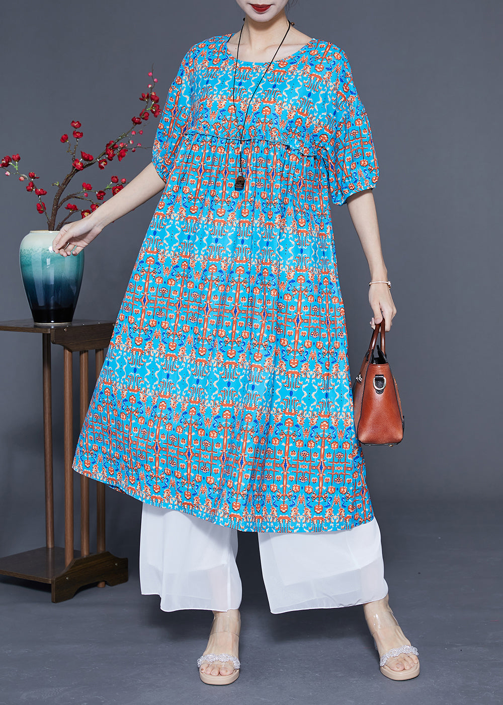 Stylish Blue Ruffled Print Silk Long Dresses Summer LY1108