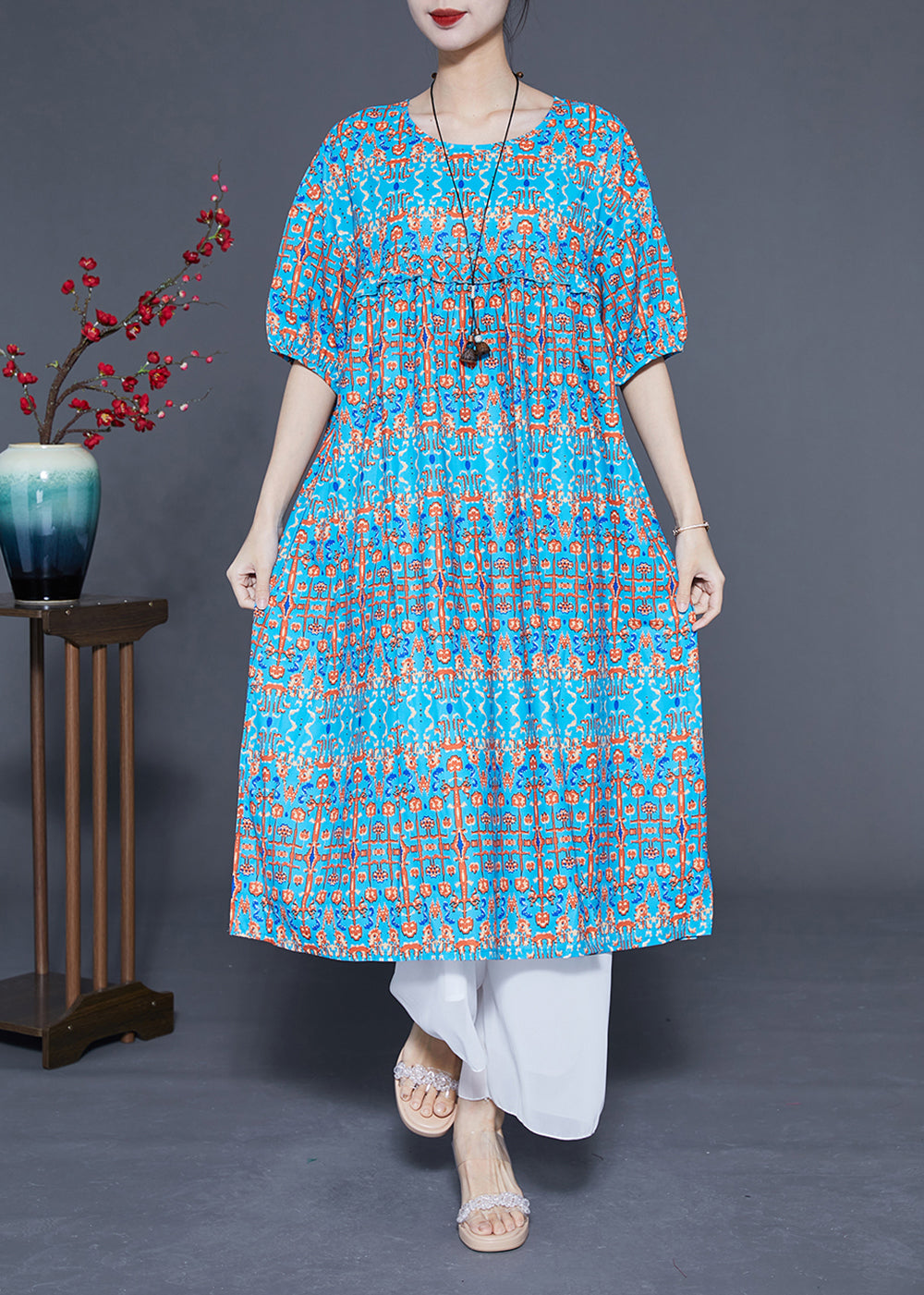 Stylish Blue Ruffled Print Silk Long Dresses Summer LY1108