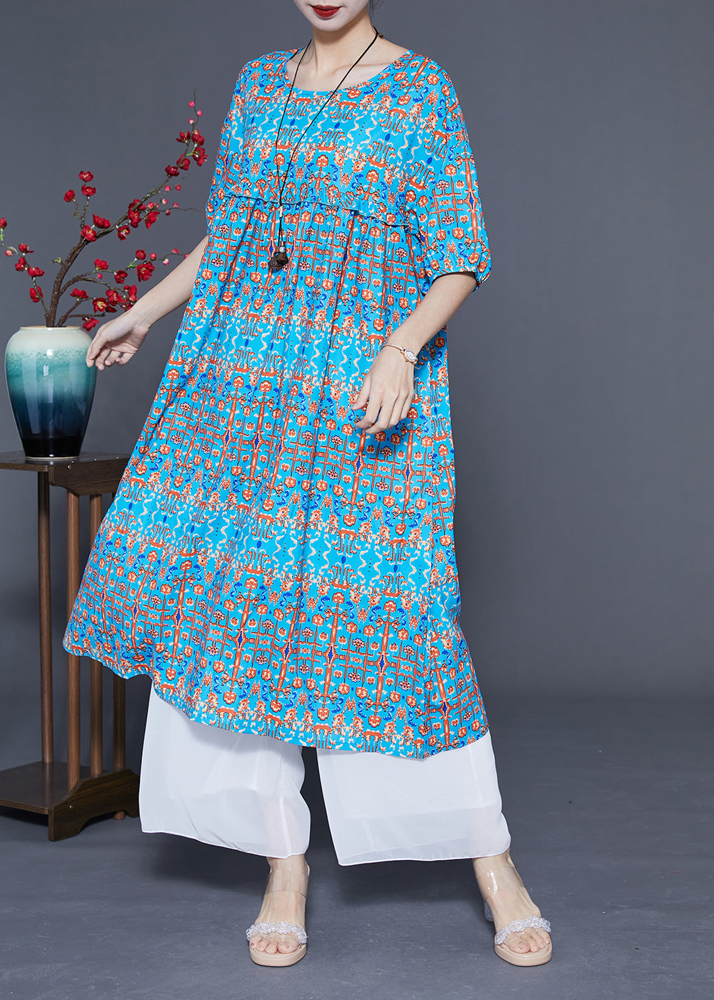 Stylish Blue Ruffled Print Silk Long Dresses Summer LY1108