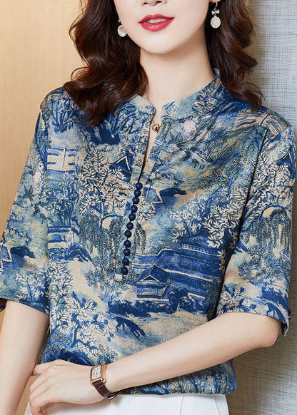 Stylish Blue Stand Collar Print Patchwork Silk Tops Summer LY0466