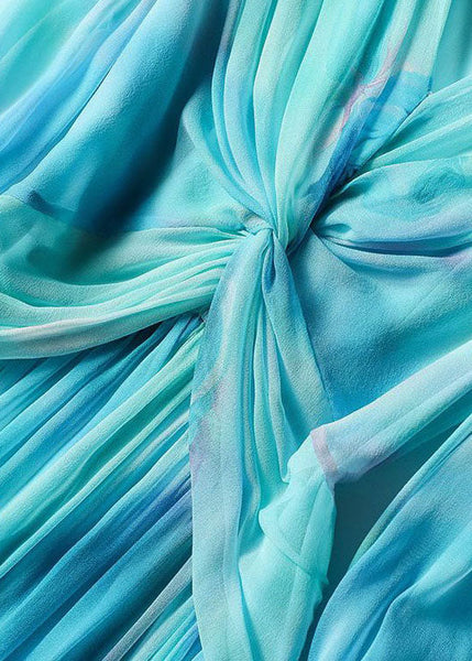 Stylish Blue V Neck Print Patchwork Exra Large Hem Silk Dress Spring TI1029