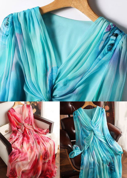 Stylish Blue V Neck Print Patchwork Exra Large Hem Silk Dress Spring TI1029