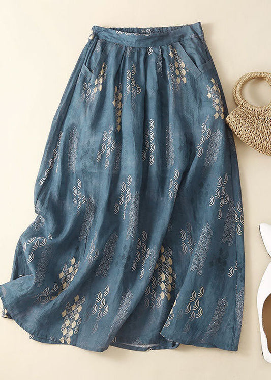 Stylish Blue Wrinkled Print Patchwork Linen Skirt Summer LY0600