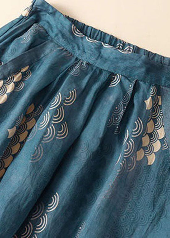 Stylish Blue Wrinkled Print Patchwork Linen Skirt Summer LY0600