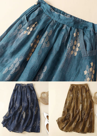 Stylish Blue Wrinkled Print Patchwork Linen Skirt Summer LY0600