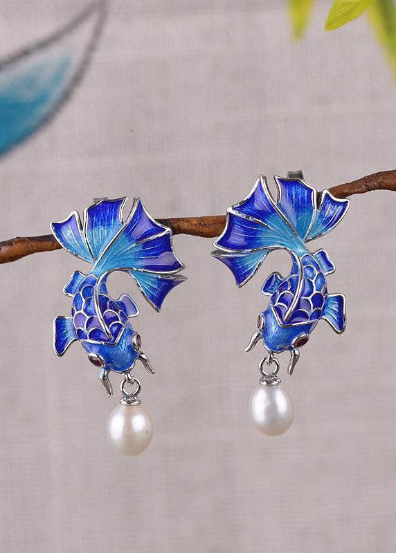 Stylish Cloisonne Goldfish Pearl Metal Stud Earrings HE1016