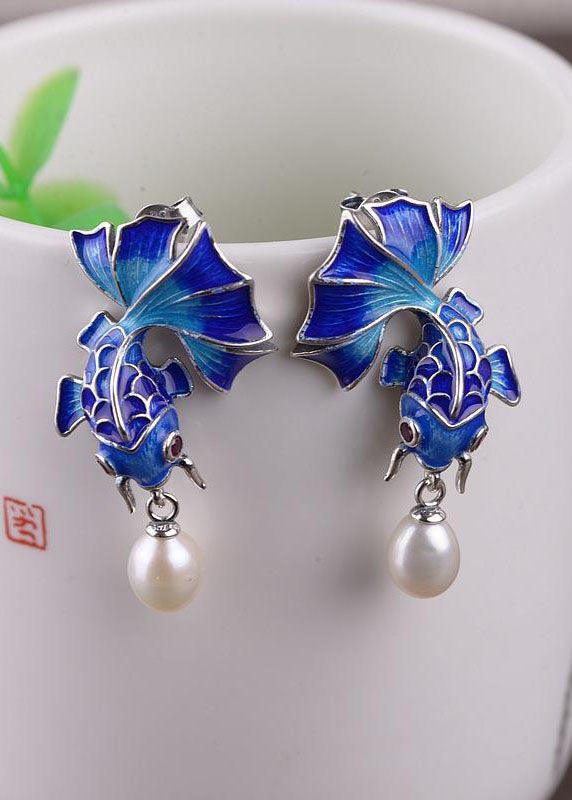 Stylish Cloisonne Goldfish Pearl Metal Stud Earrings HE1016