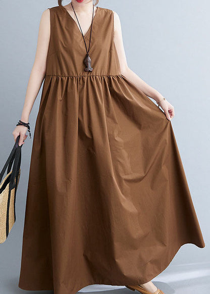 Stylish Coffee V Neck Patchwork Cotton Summer Dress Sleeveless LC0456