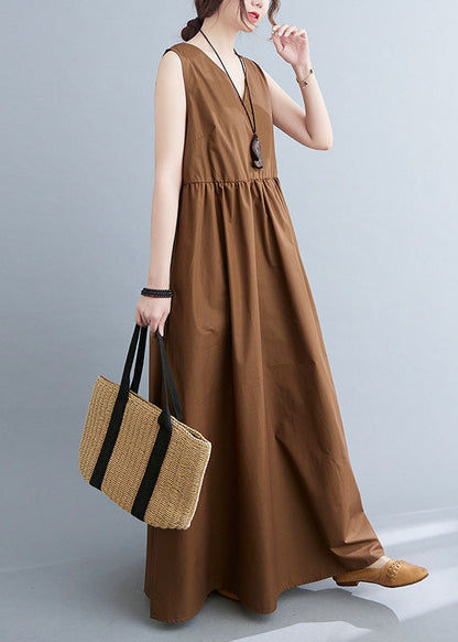 Stylish Coffee V Neck Patchwork Cotton Summer Dress Sleeveless LC0456