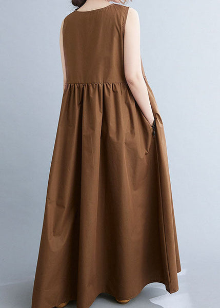 Stylish Coffee V Neck Patchwork Cotton Summer Dress Sleeveless LC0456