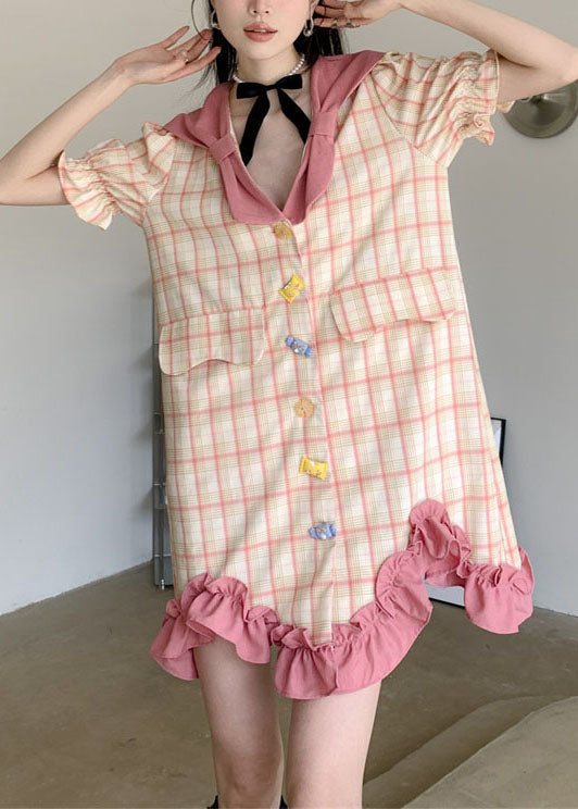 Stylish Colorblock Plaid Ruffled Patchwork Cotton Mid Dress Summer LY0785