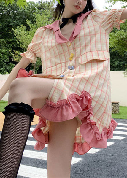 Stylish Colorblock Plaid Ruffled Patchwork Cotton Mid Dress Summer LY0785