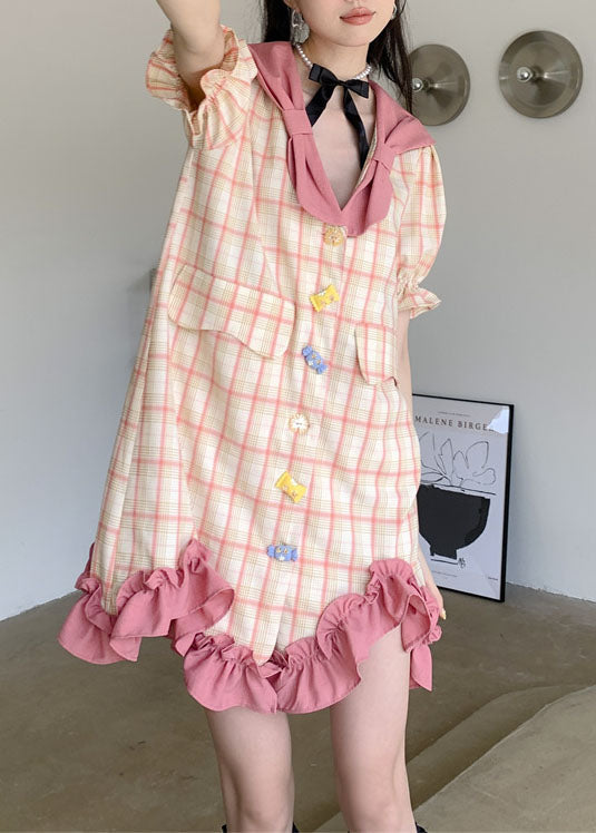 Stylish Colorblock Plaid Ruffled Patchwork Cotton Mid Dress Summer LY0785