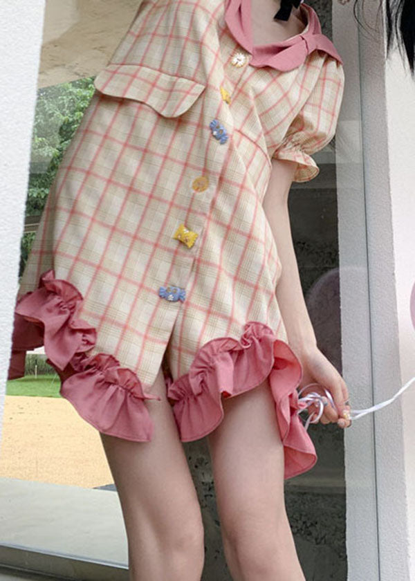 Stylish Colorblock Plaid Ruffled Patchwork Cotton Mid Dress Summer LY0785