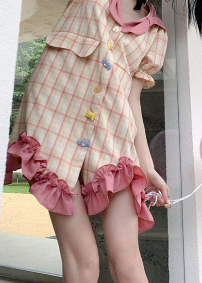 Stylish Colorblock Plaid Ruffled Patchwork Cotton Mid Dress Summer LY0785