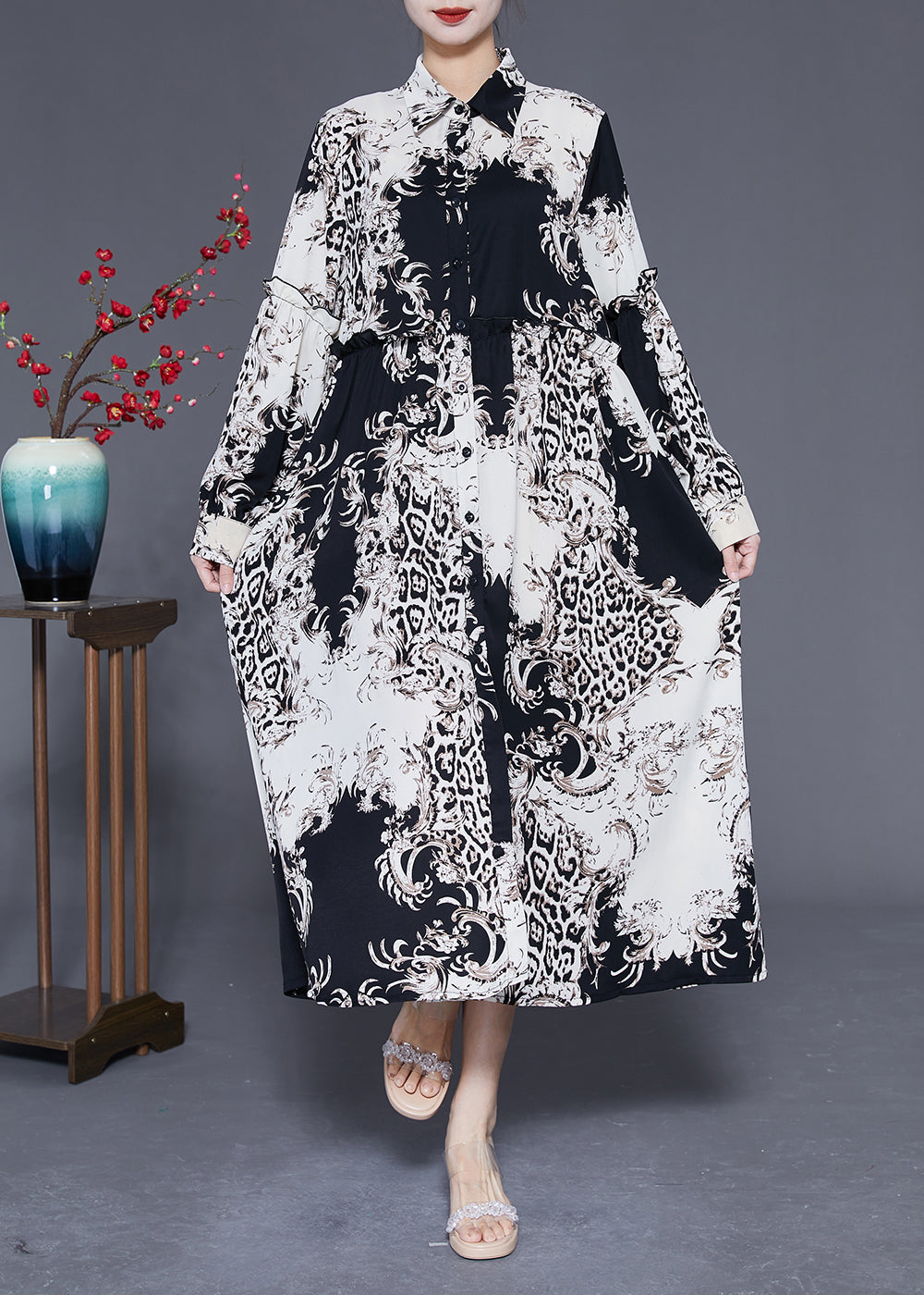 Stylish Colorblock Ruffled Oversized Print Chiffon Shirt Dress Spring LY1836