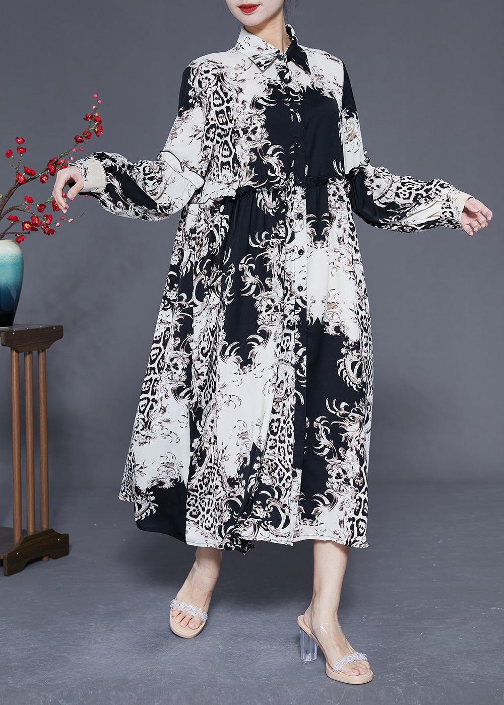 Stylish Colorblock Ruffled Oversized Print Chiffon Shirt Dress Spring LY1836