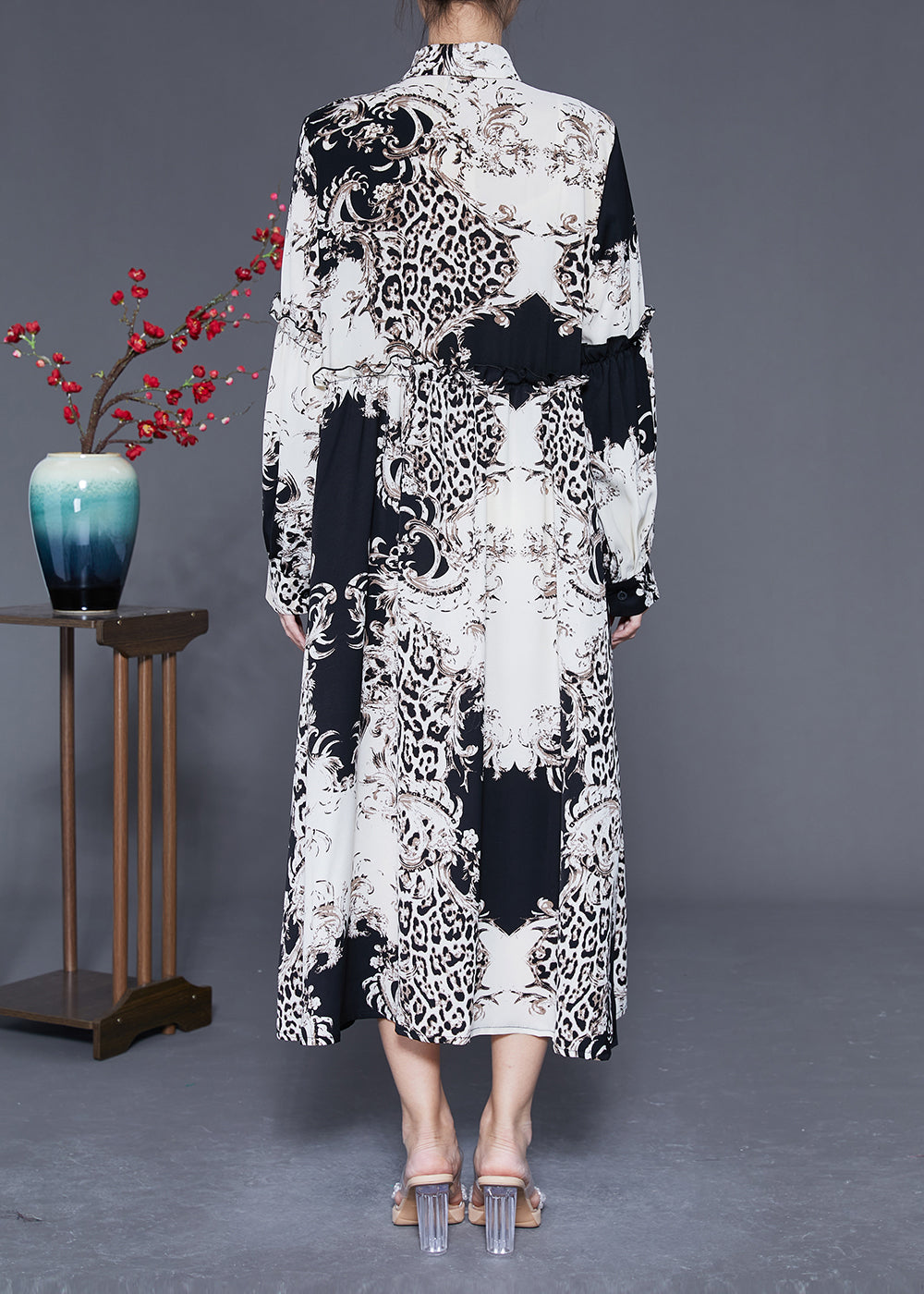 Stylish Colorblock Ruffled Oversized Print Chiffon Shirt Dress Spring LY1836