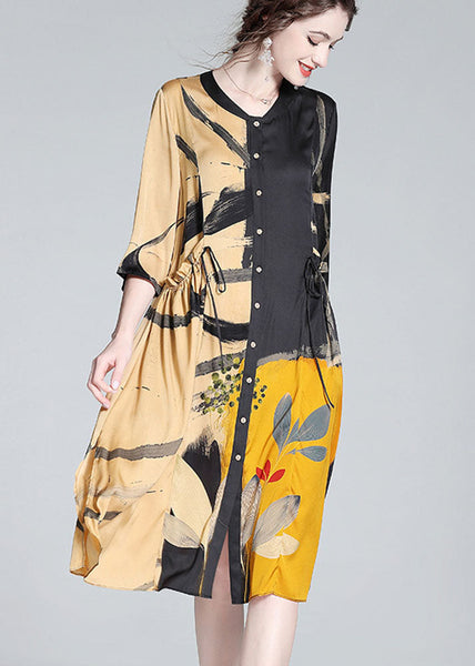 Stylish Colorblock Stand Collar Print Wrinkled Silk Dresses Bracelet Sleeve LY0124