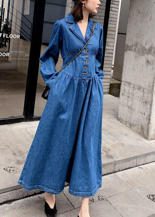 Stylish Denim Blue Cinched Patchwork Elastic Waist Long Dresses Spring AC2033