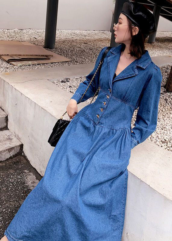 Stylish Denim Blue Cinched Patchwork Elastic Waist Long Dresses Spring AC2033