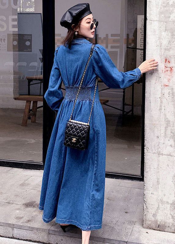 Stylish Denim Blue Cinched Patchwork Elastic Waist Long Dresses Spring AC2033