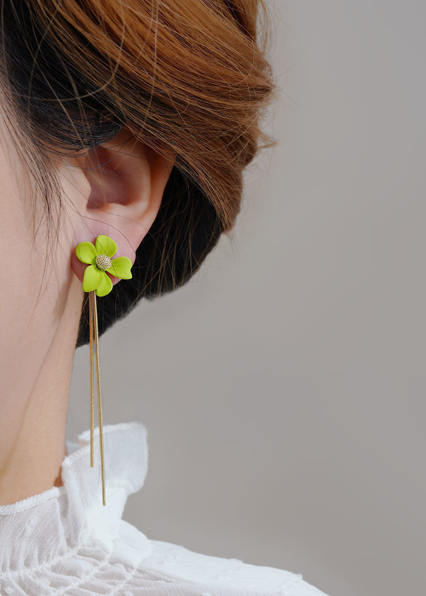 Stylish Green Floral Tassel Asymmetrical Design Metal Drop Earrings HE1031