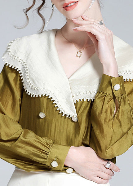 Stylish Green Peter Pan Collar Button Silk Linen Shirts Long Sleeve LY0129