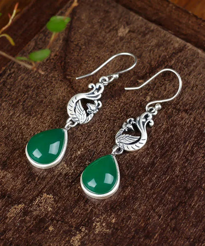 Stylish Green Sterling Silver Inlaid Water Drop Chalcedony Drop Earrings Ada Fashion