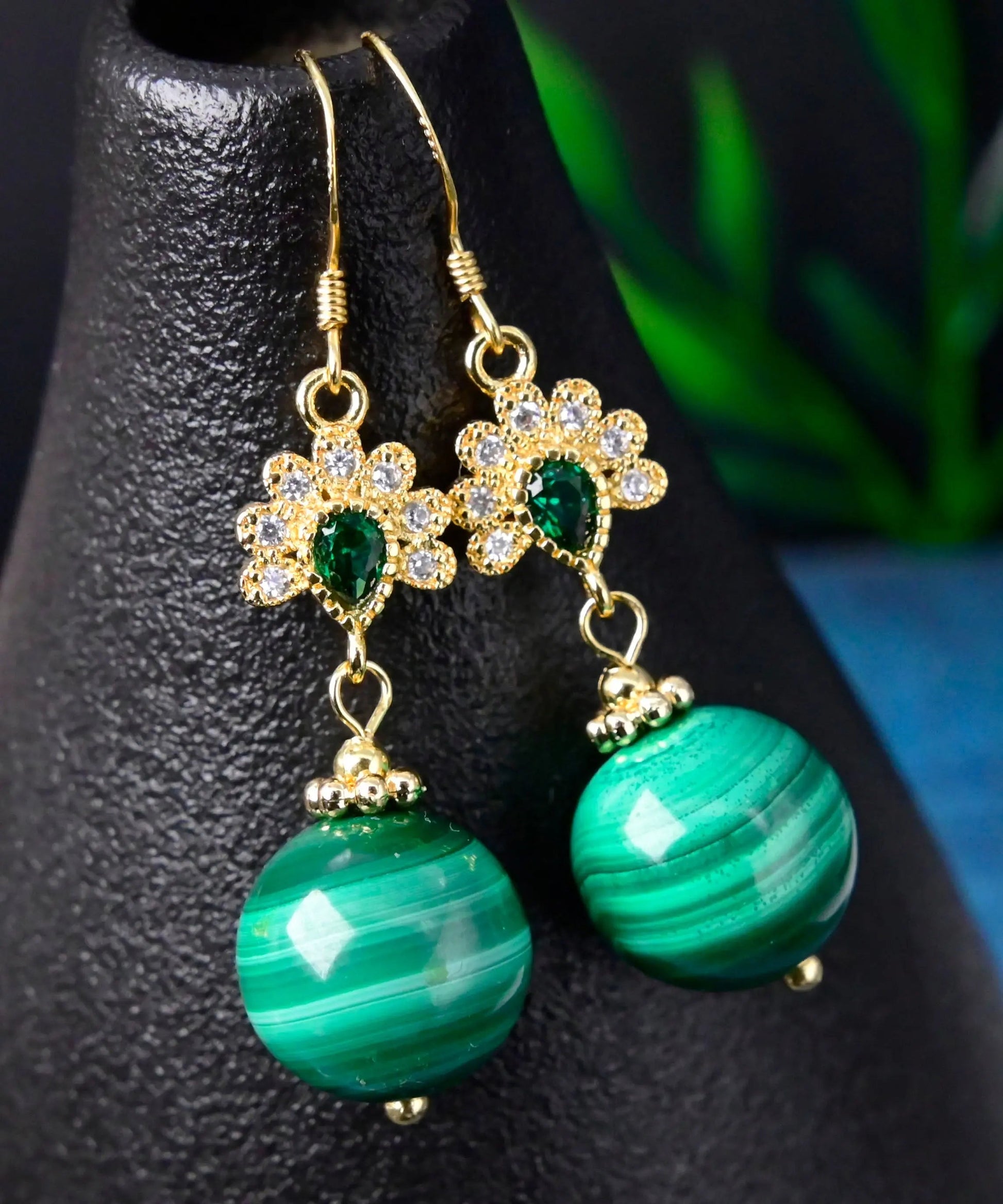 Stylish Green Sterling Silver Overgild Zircon Malachite Drop Earrings Ada Fashion