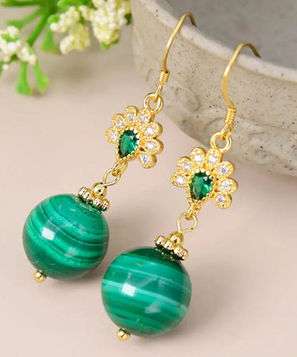 Stylish Green Sterling Silver Overgild Zircon Malachite Drop Earrings Ada Fashion