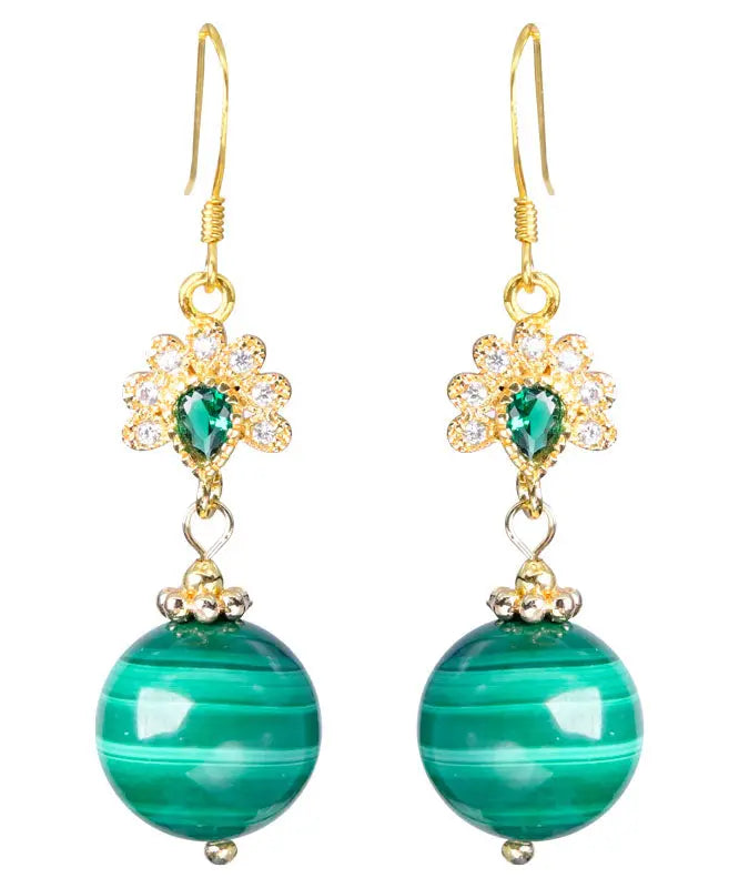 Stylish Green Sterling Silver Overgild Zircon Malachite Drop Earrings Ada Fashion