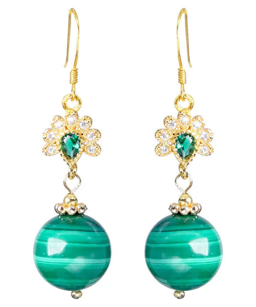 Stylish Green Sterling Silver Overgild Zircon Malachite Drop Earrings Ada Fashion