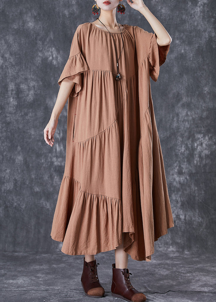 Stylish Khaki Asymmetrical Wrinkled Cotton Party Dress Flare Sleeve TD1062