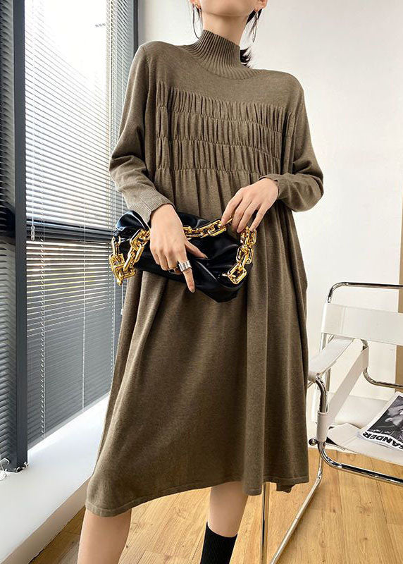 Stylish Khaki High Neck Oversized Wrinkled Knit Dresses Spring LY1482