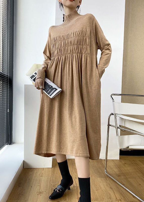 Stylish Khaki High Neck Oversized Wrinkled Knit Dresses Spring LY1482