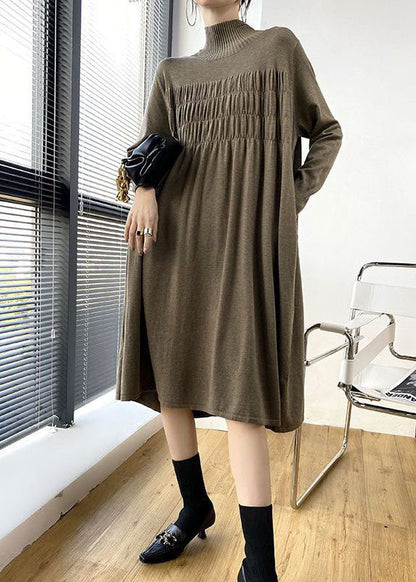 Stylish Khaki High Neck Oversized Wrinkled Knit Dresses Spring LY1482