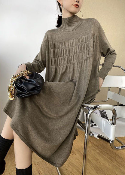 Stylish Khaki High Neck Oversized Wrinkled Knit Dresses Spring LY1482