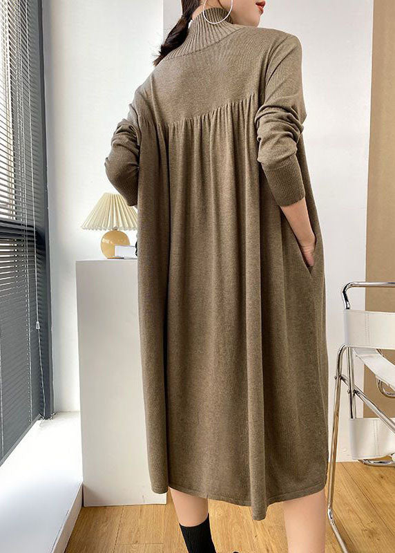 Stylish Khaki High Neck Oversized Wrinkled Knit Dresses Spring LY1482