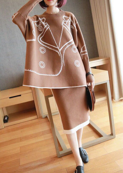 Stylish Khaki O-Neck Oversized Print Knit Two Pieces Set Batwing Sleeve LY1442